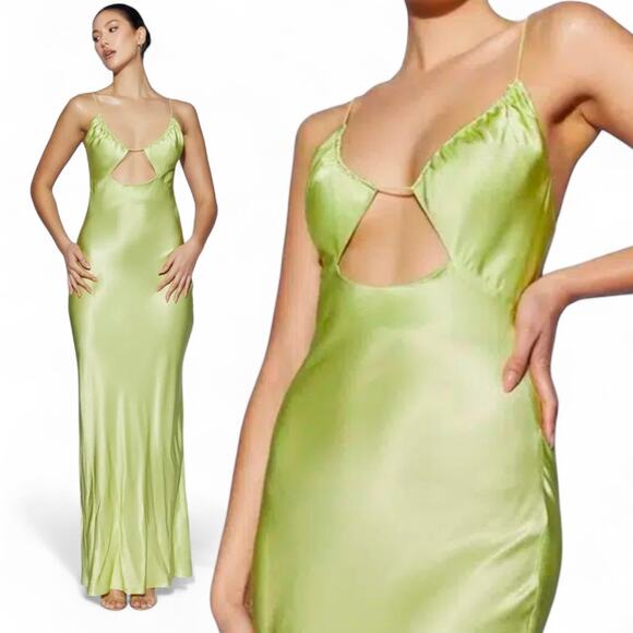 Meshki Sadie Maxi Satin Halterneck Ruched Slip Dress Small Pistachio Green - Picture 1 of 6